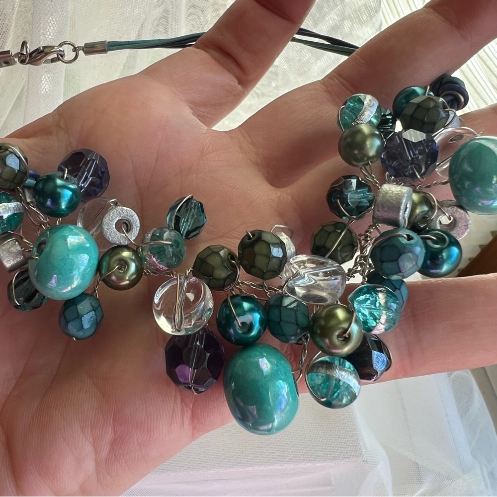 Turquoise Blue Ceramic Bead & Crystal Mixed Media Beaded Necklace Handmade NEW - Picture 14 of 17
